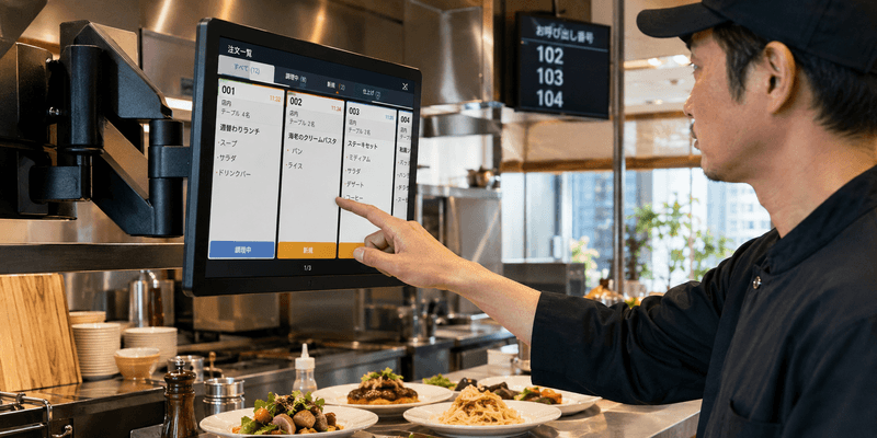 POS＋ kitchen displayで注文を確認する調理スタッフ