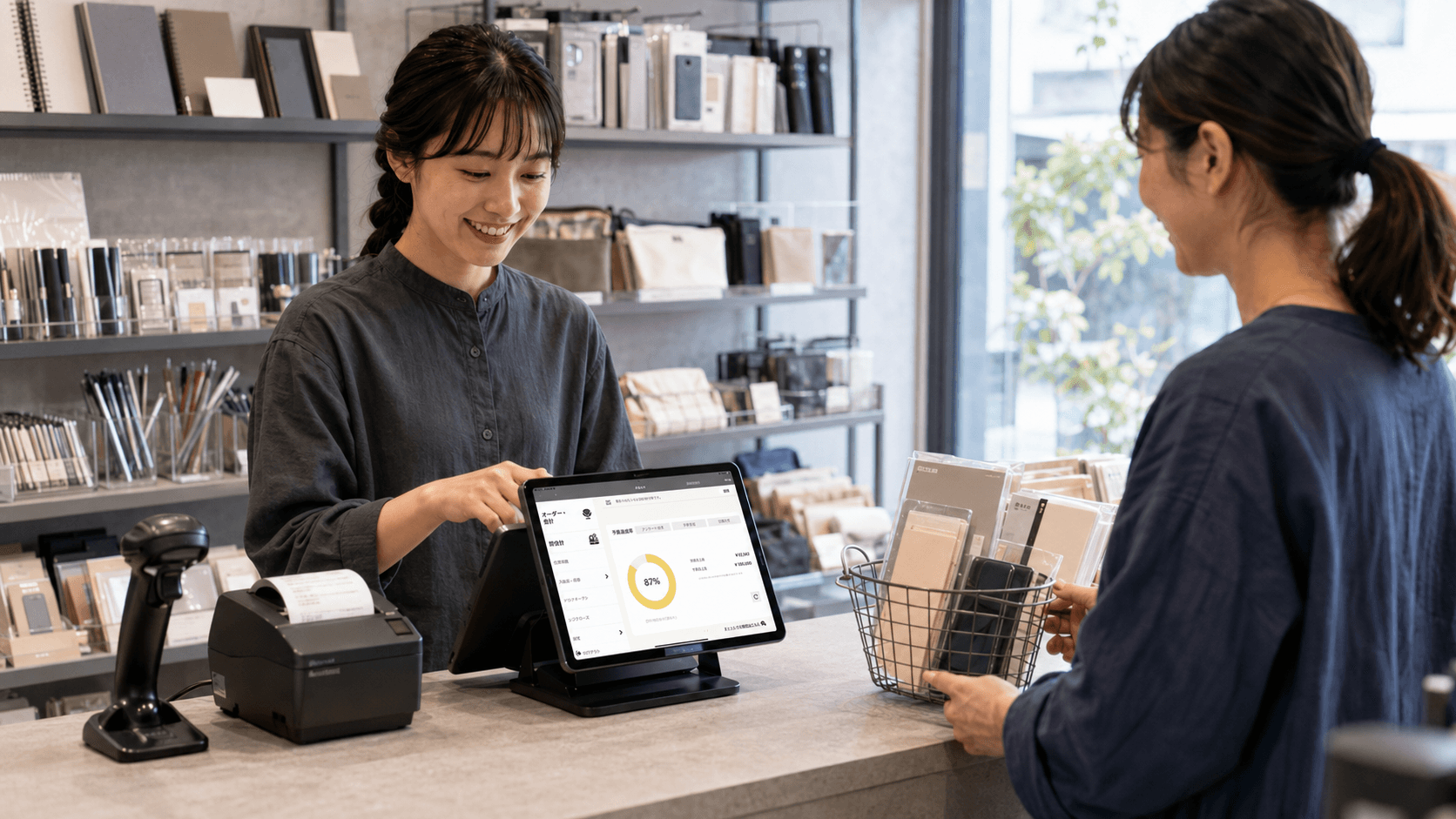 グレー基調の小売店でPOS＋ retailを操作するスタッフ
