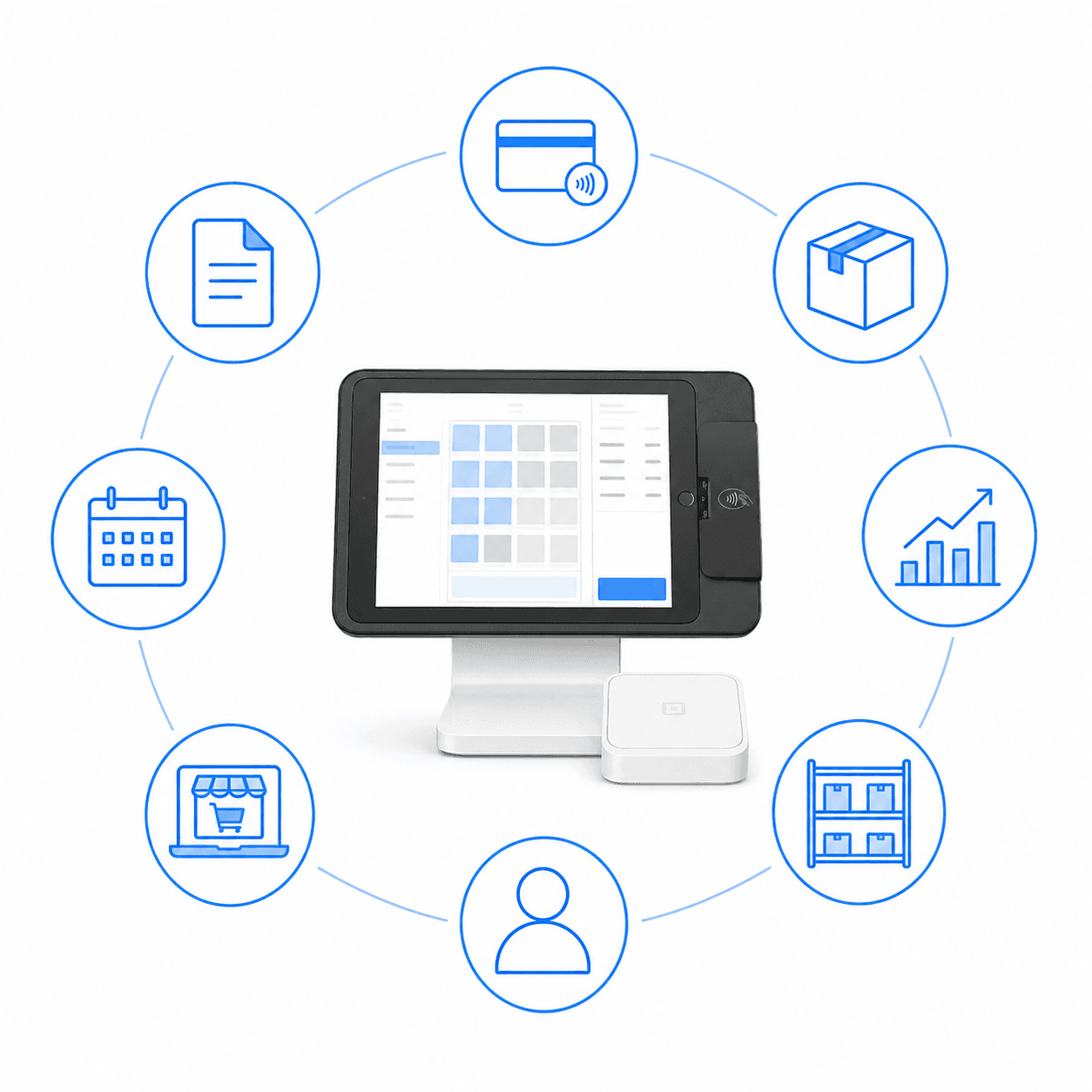Squareアカウントを中心に決済・POS・在庫・顧客管理がつながる図
