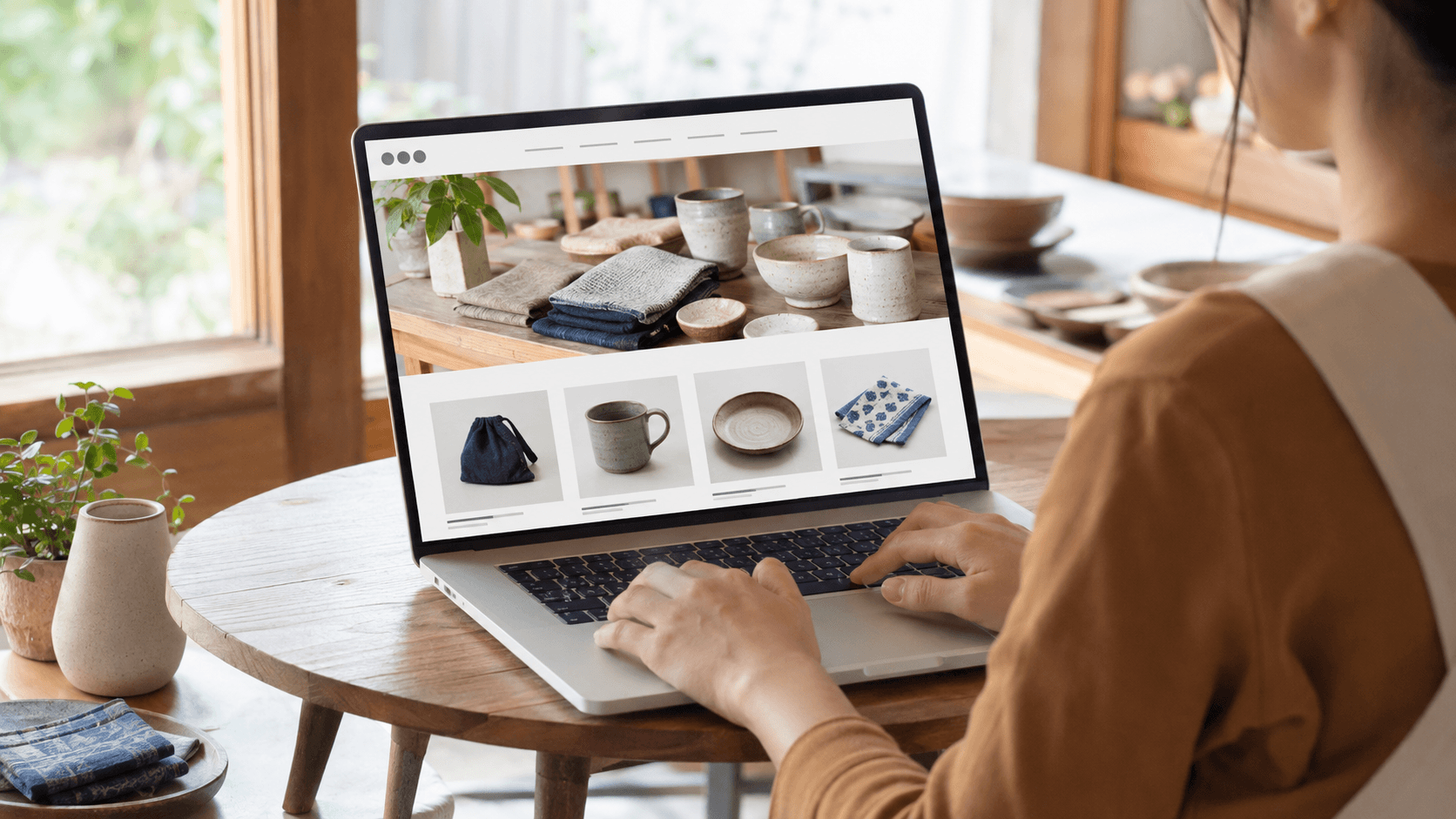 ノートパソコンでSTORESネットショップの商品ページを確認している様子